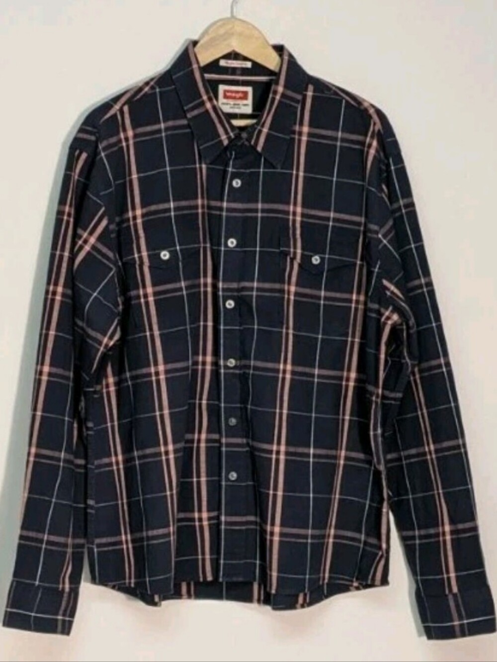 Wrangler Navy Plaid Button-Down Shirt with Pink Lines, 2XL